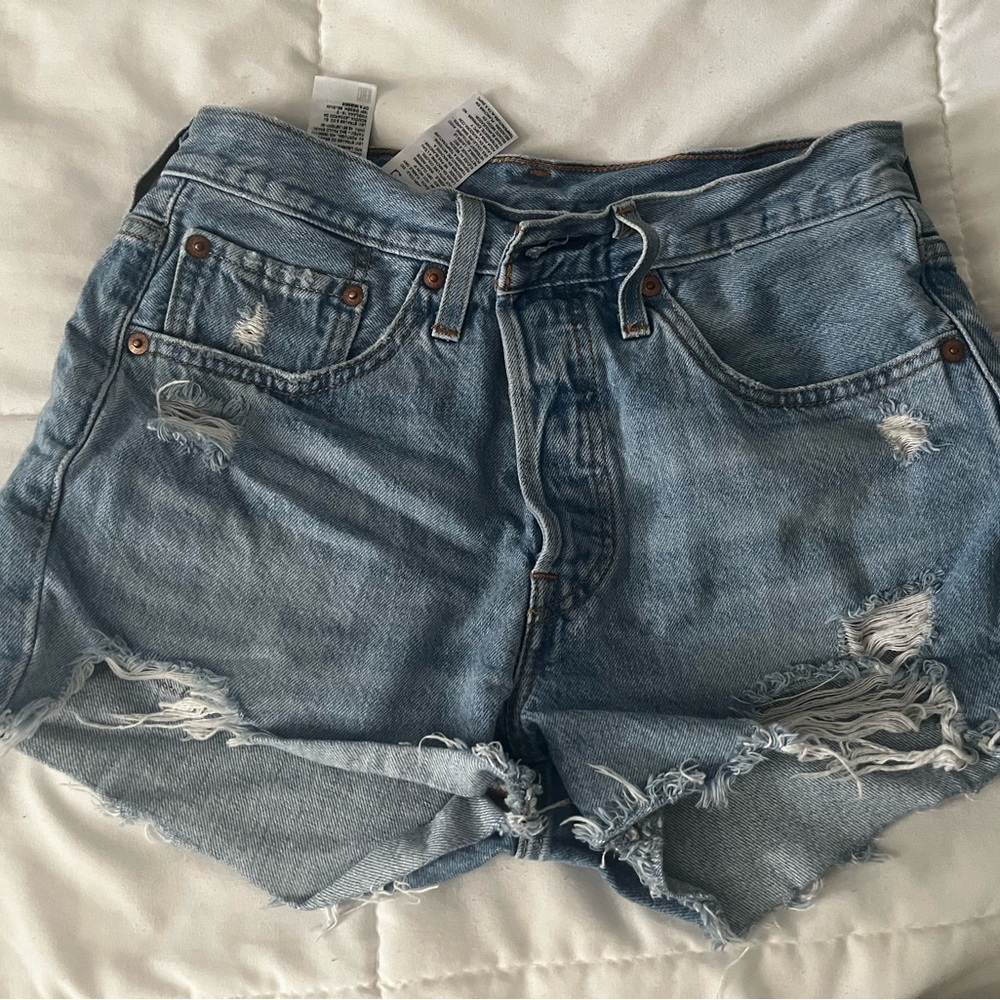 Levi's 501 Blue Distressed Jean Shorts with Frayed Hem